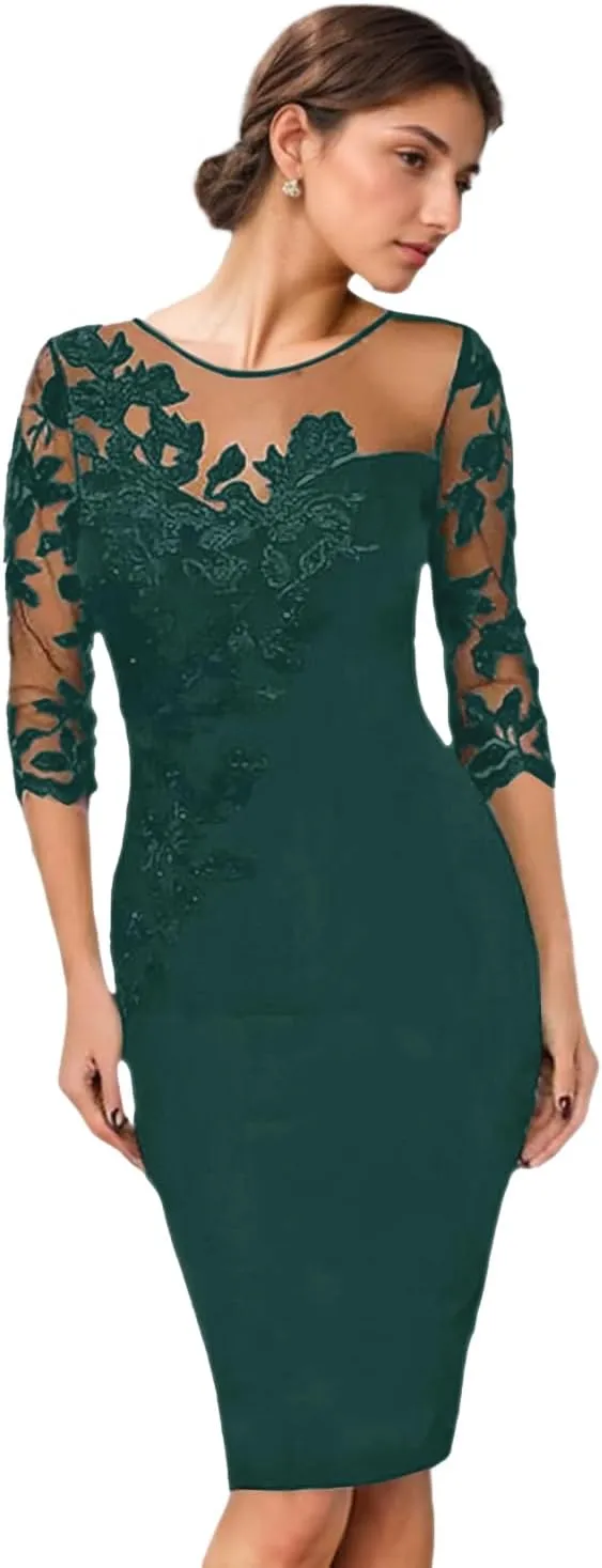 2025 Fashion Sheath/Column Mother of The Bride Dress Illusion 3/4 Length Sleeve Knee Length Lace Appliques Evening Dress