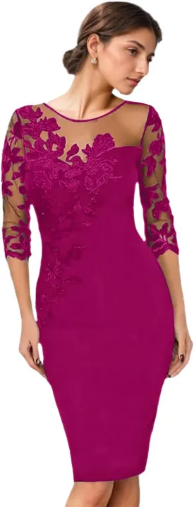 2025 Fashion Sheath/Column Mother of The Bride Dress Illusion 3/4 Length Sleeve Knee Length Lace Appliques Evening Dress