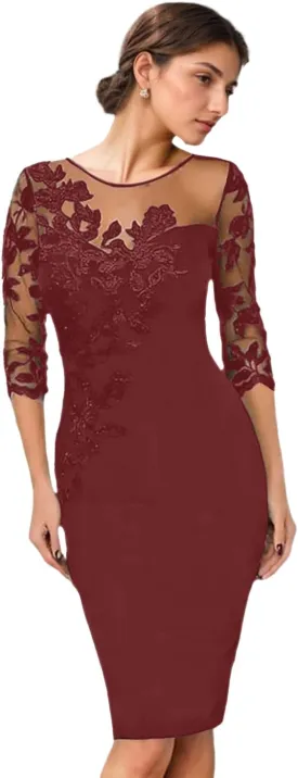 2025 Fashion Sheath/Column Mother of The Bride Dress Illusion 3/4 Length Sleeve Knee Length Lace Appliques Evening Dress