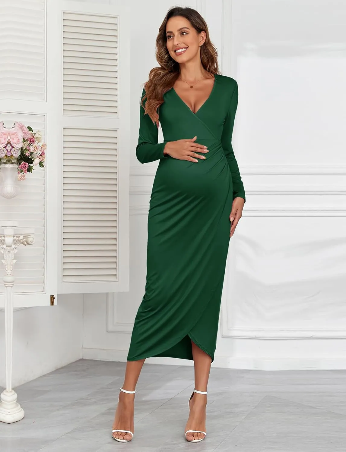 2025 Womens Maternity Wrap Dress V Neck Ruffle Sleeves Semi Formal Baby Shower Photoshoot Party Cocktail Pregnancy