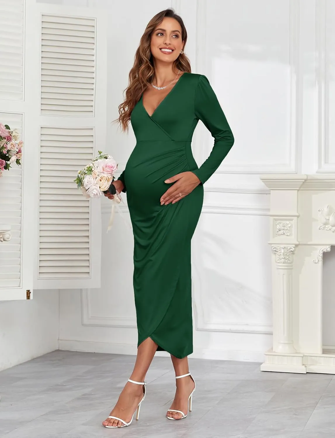 2025 Womens Maternity Wrap Dress V Neck Ruffle Sleeves Semi Formal Baby Shower Photoshoot Party Cocktail Pregnancy