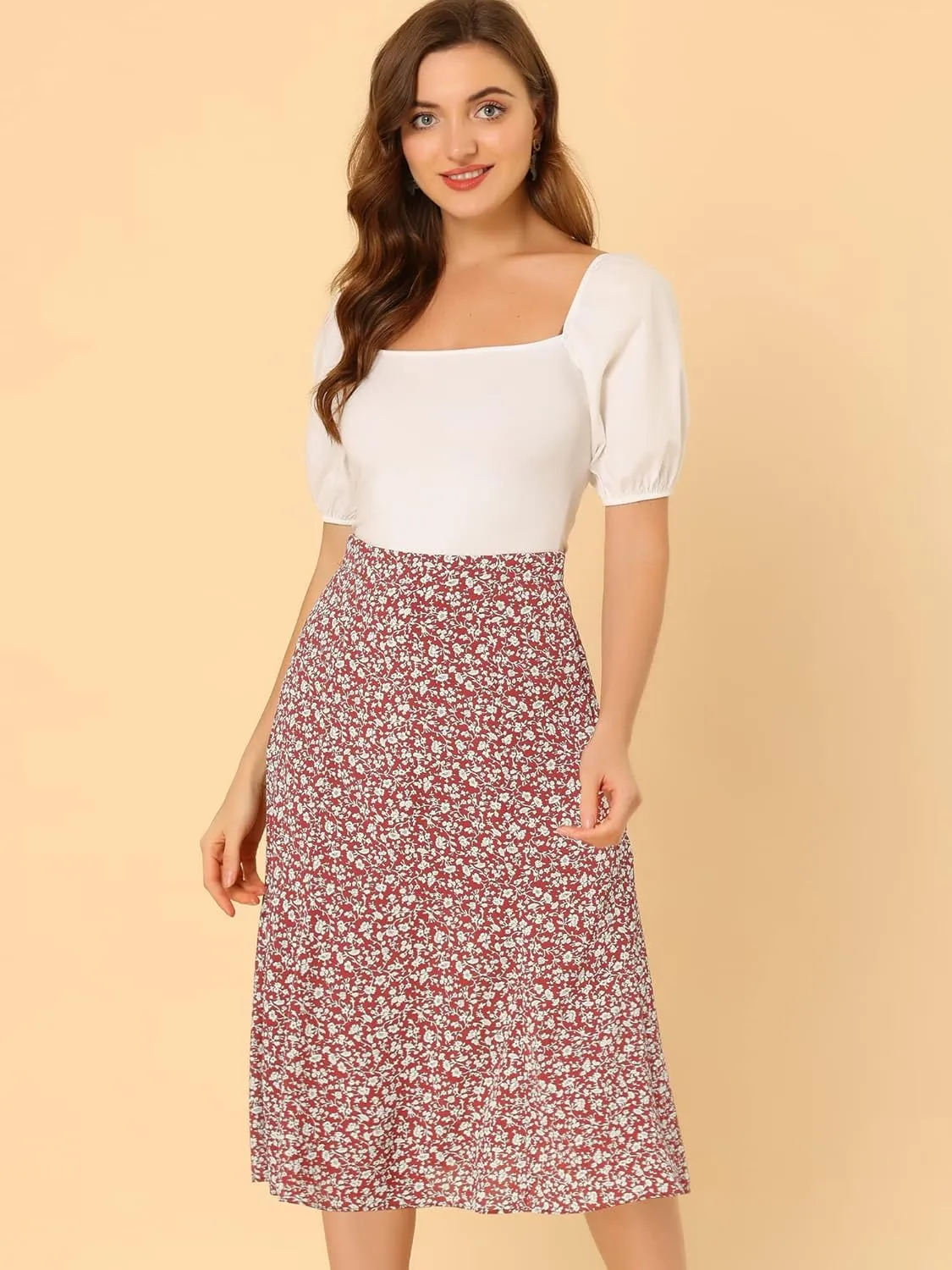Allegra K Women's Floral Midi Skirt Peasant Elastic Waist A-Line Ditsy Leave Print Skirts