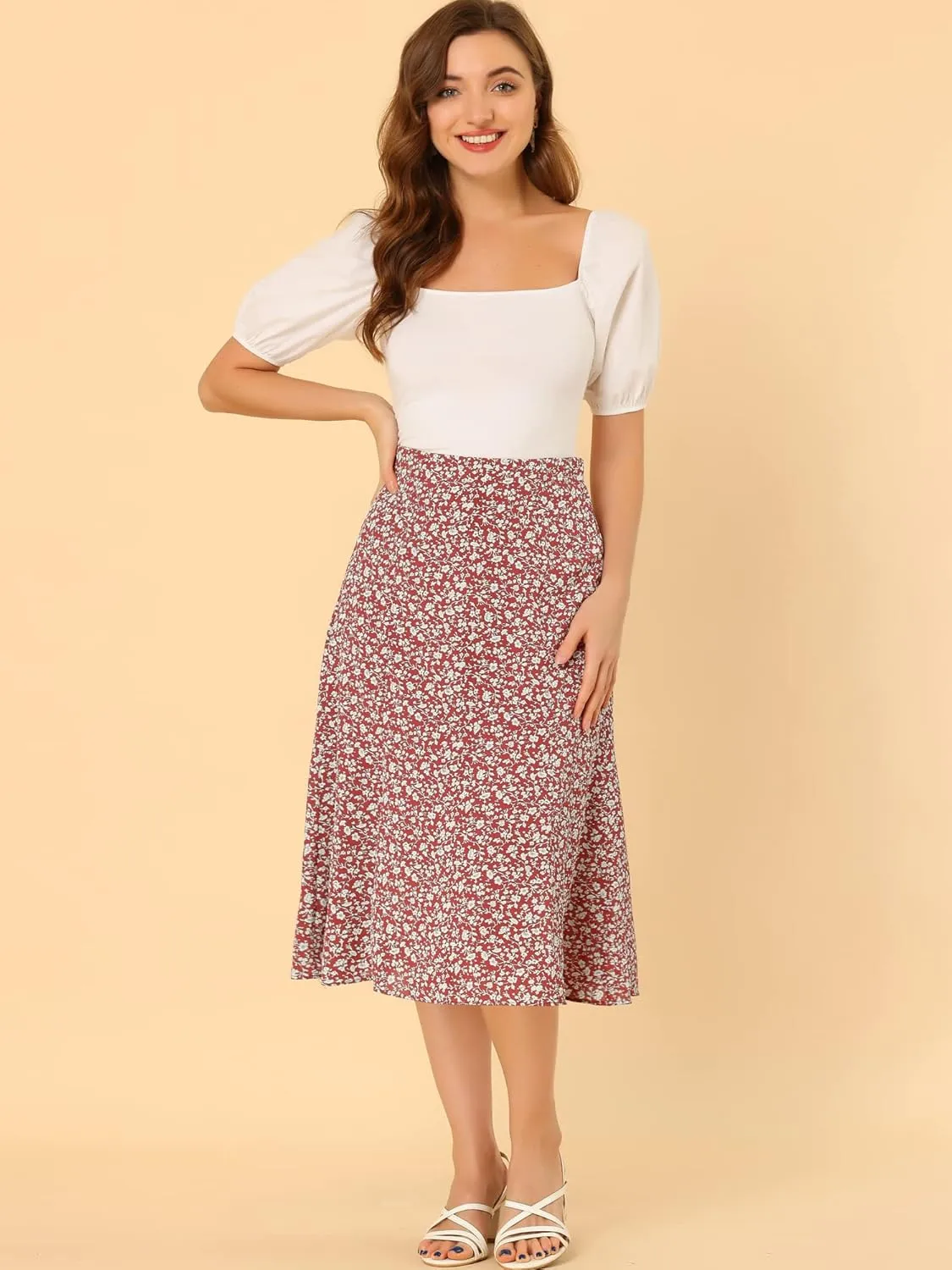 Allegra K Women's Floral Midi Skirt Peasant Elastic Waist A-Line Ditsy Leave Print Skirts