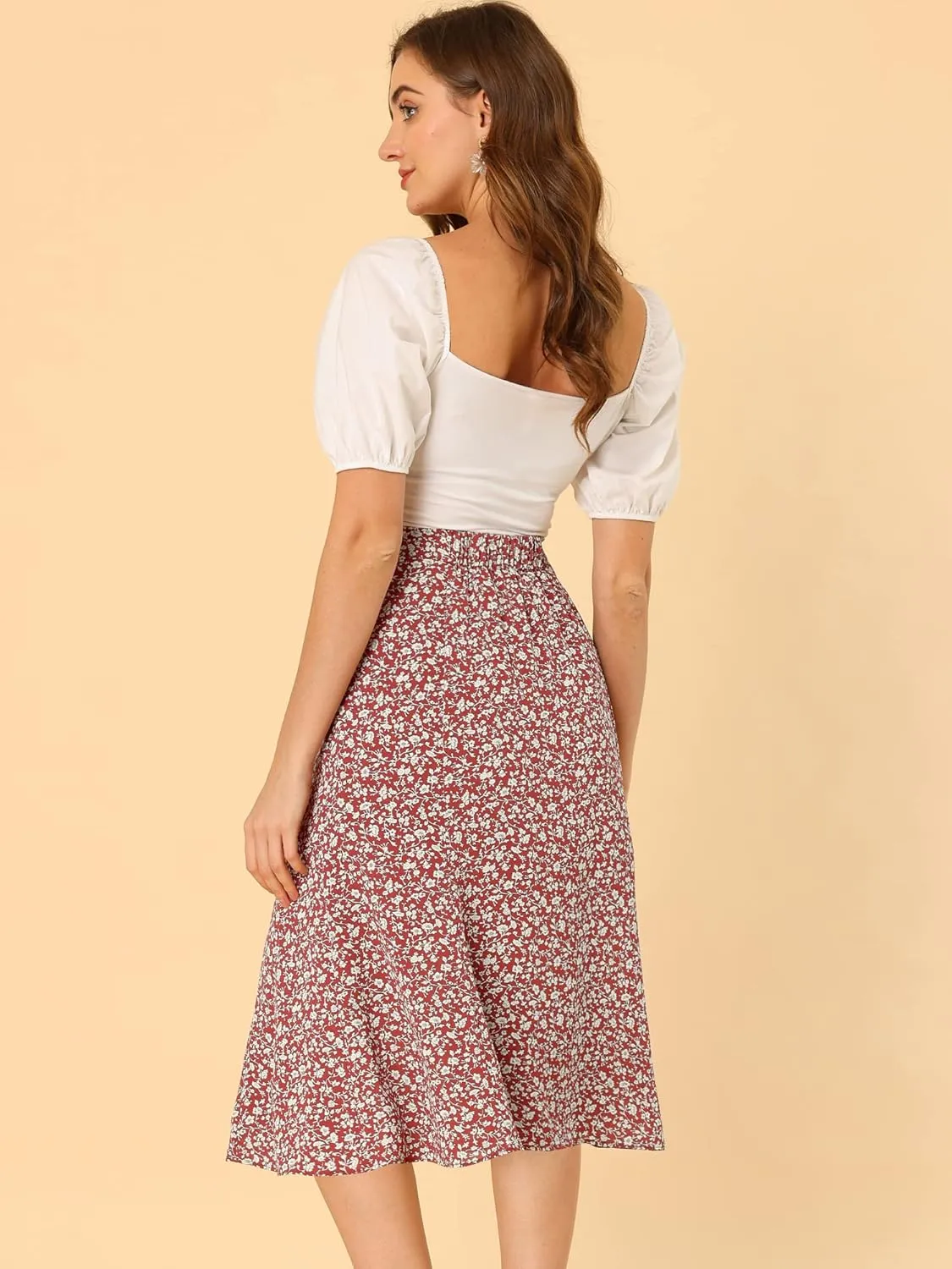 Allegra K Women's Floral Midi Skirt Peasant Elastic Waist A-Line Ditsy Leave Print Skirts
