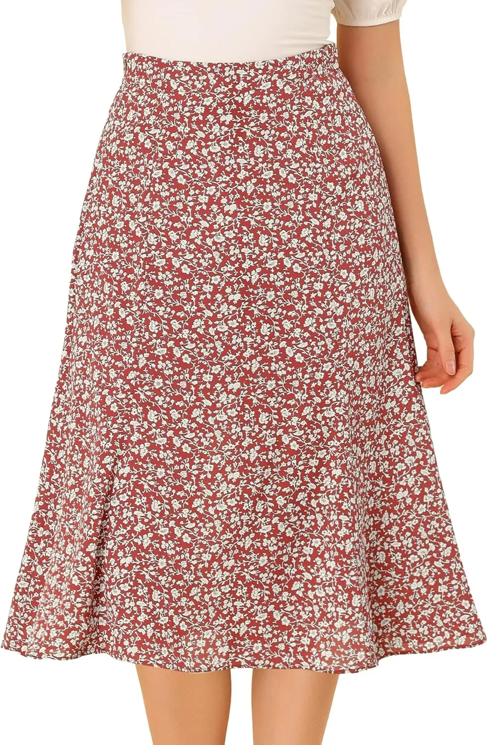Allegra K Women's Floral Midi Skirt Peasant Elastic Waist A-Line Ditsy Leave Print Skirts