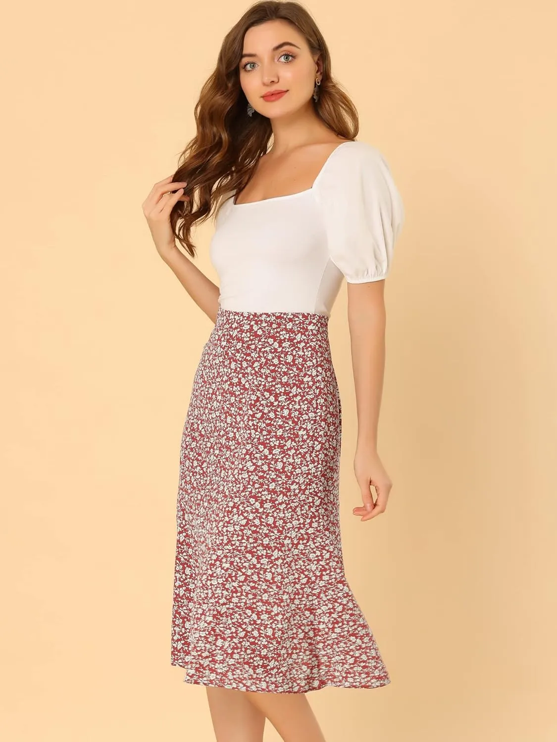 Allegra K Women's Floral Midi Skirt Peasant Elastic Waist A-Line Ditsy Leave Print Skirts