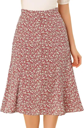 Allegra K Women's Floral Midi Skirt Peasant Elastic Waist A-Line Ditsy Leave Print Skirts