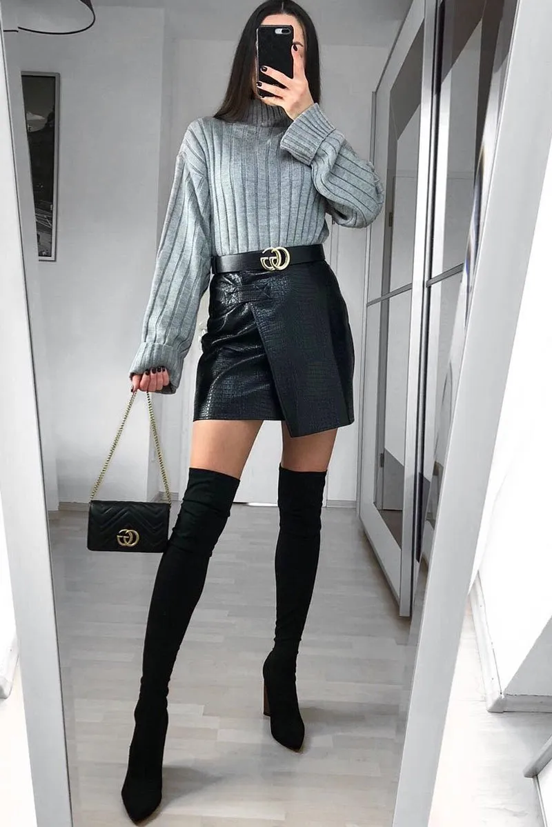 Black PU Faux Croc Wrap Over Skirt - Enessa