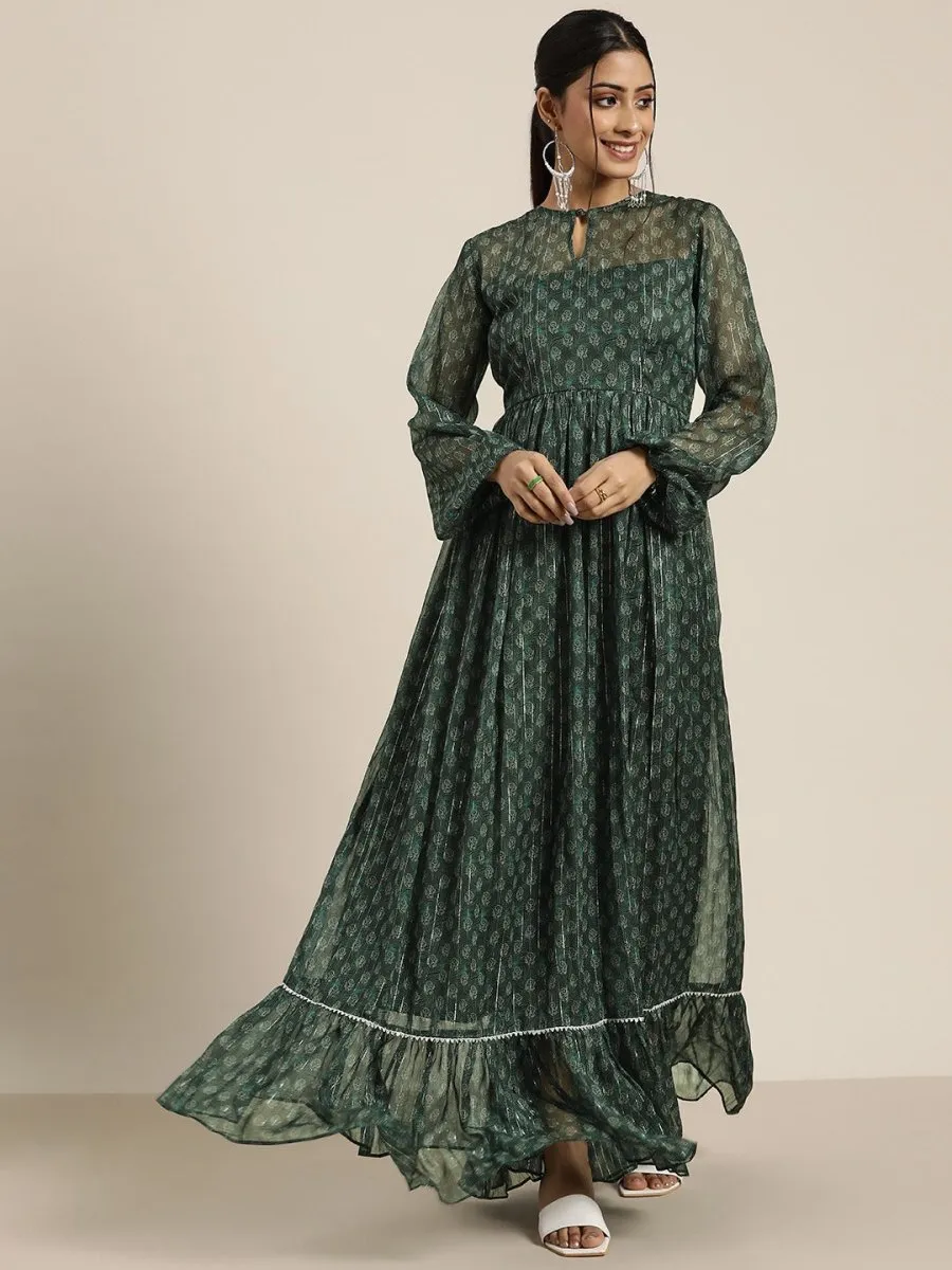 Bottle Green Lurex Printed Maxi Dress