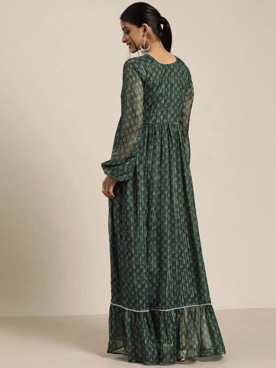 Bottle Green Lurex Printed Maxi Dress