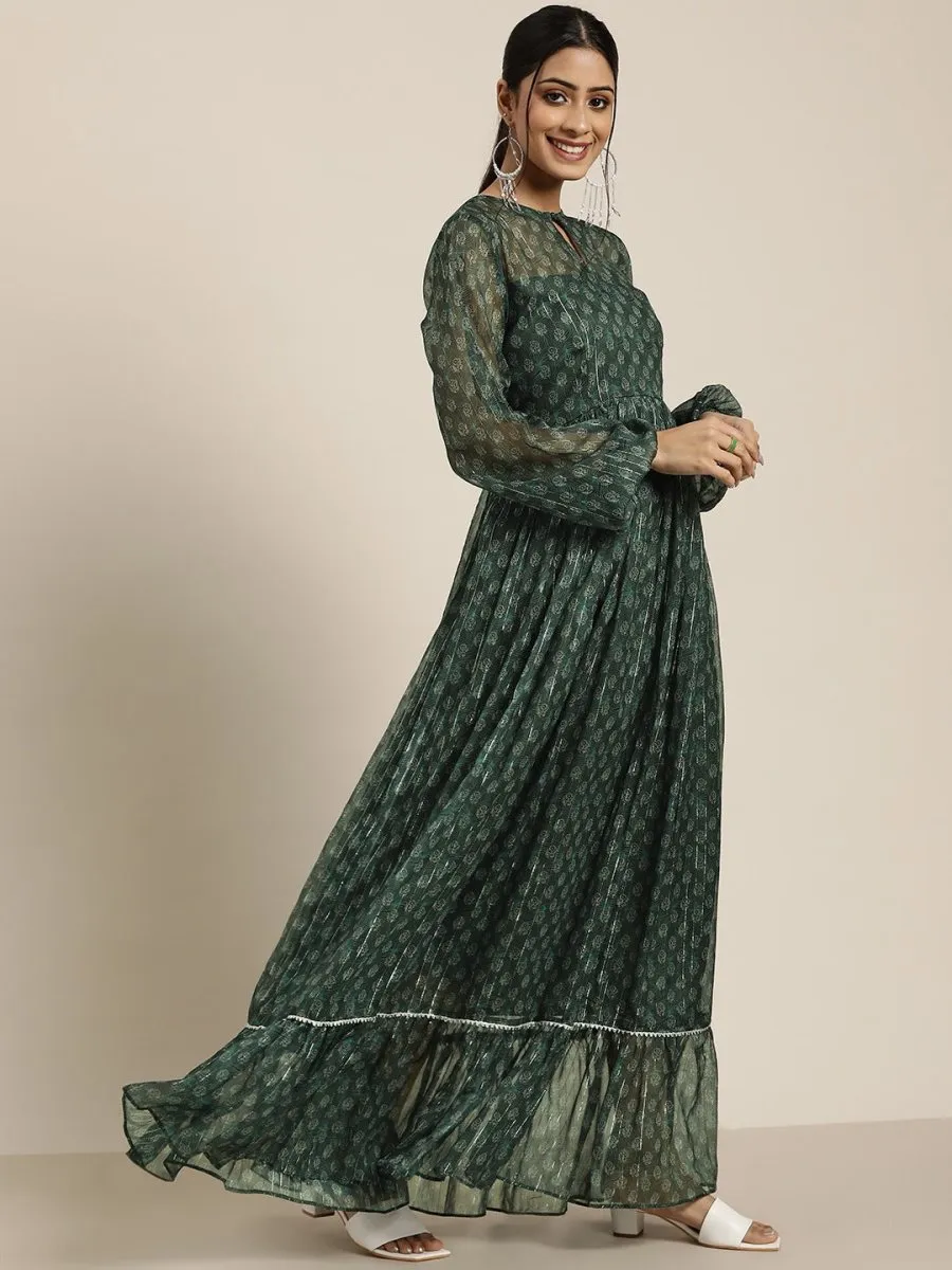 Bottle Green Lurex Printed Maxi Dress