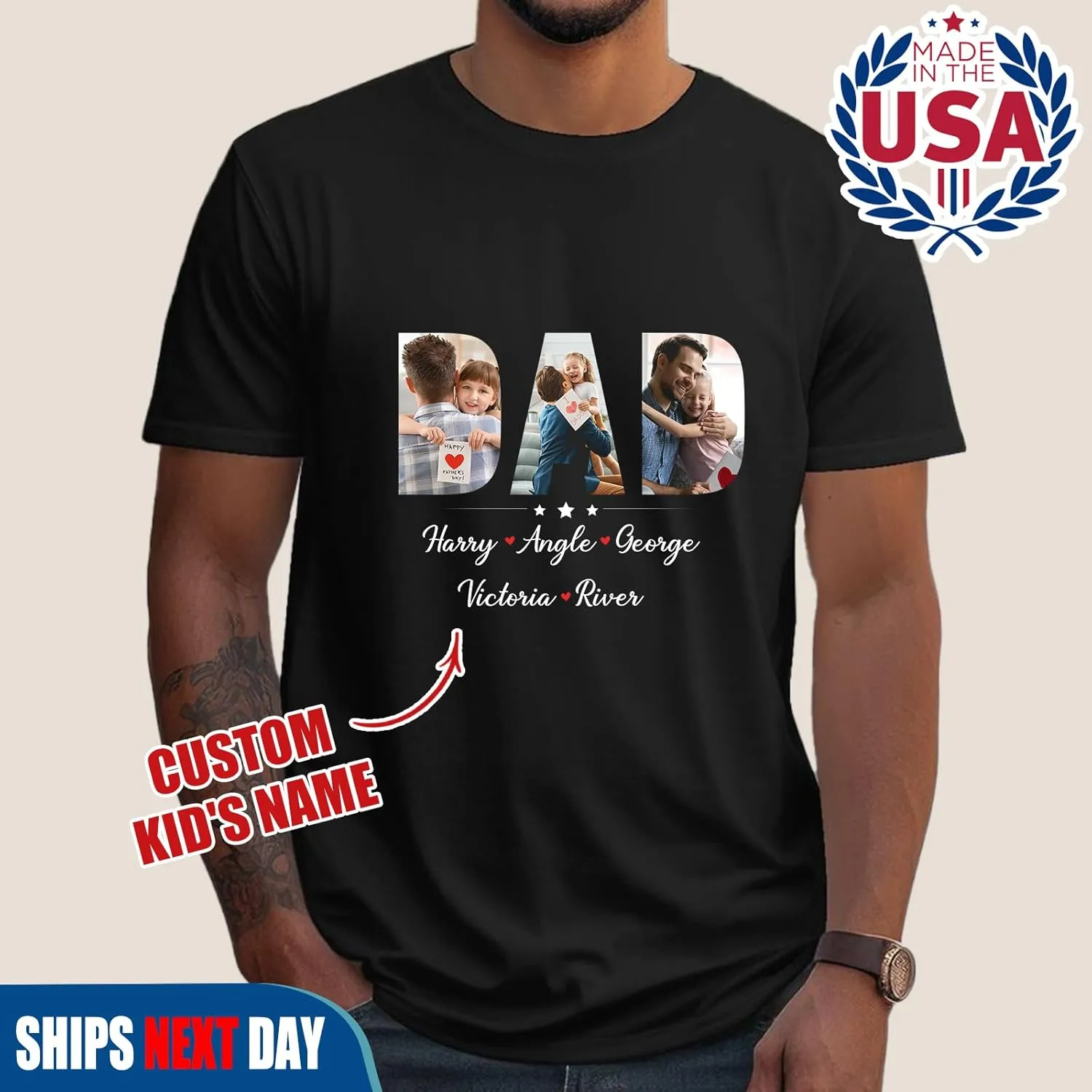 Custom Dad Shirt, Personalized Fist Bump Shirts with Kids Name Photo, Customized Fathers Day Tshirt Gifts for Papa Grandpa