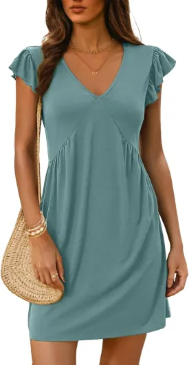 Dokotoo Women's Summer Dresses Beach 2025 Casual Deep V Neck Loose Sundress Ruffle Sleeve Mini Dress