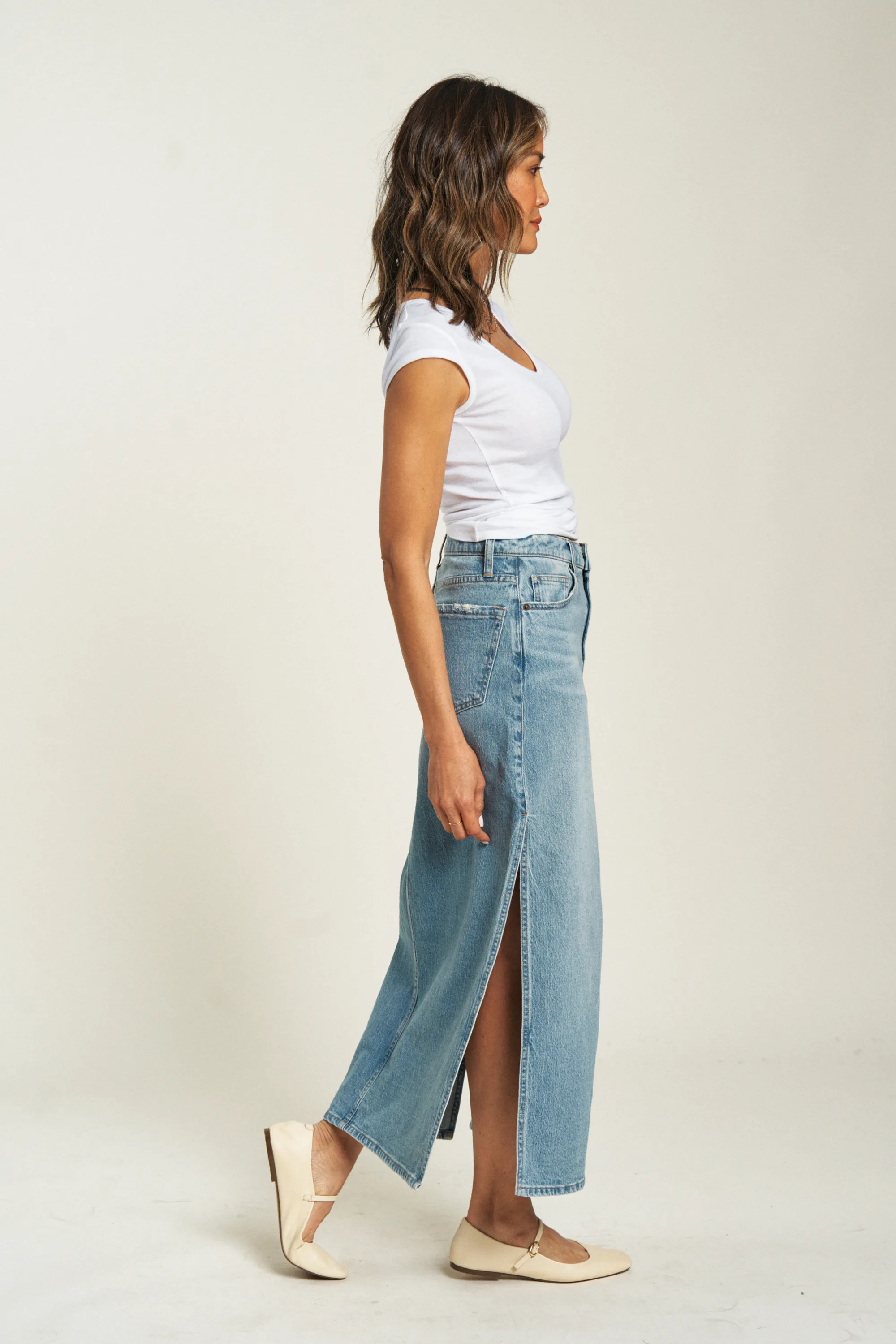Dylan Maxi Skirt Mid Rise Light Indigo Worn