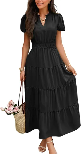 ECOWISH Womens Midi Dress Short Sleeve V Neck Button Front Casual Flowy A-Line Shirt Dresses with Pockets for Summer Spring