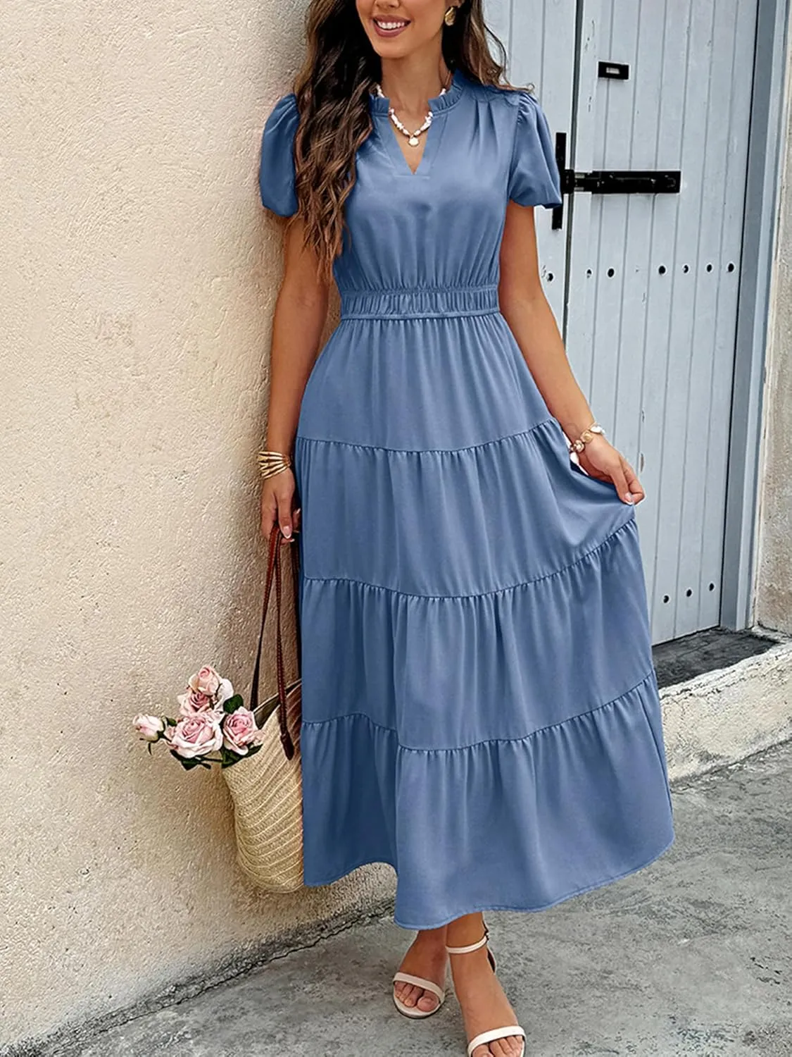 ECOWISH Womens Midi Dress Short Sleeve V Neck Button Front Casual Flowy A-Line Shirt Dresses with Pockets for Summer Spring