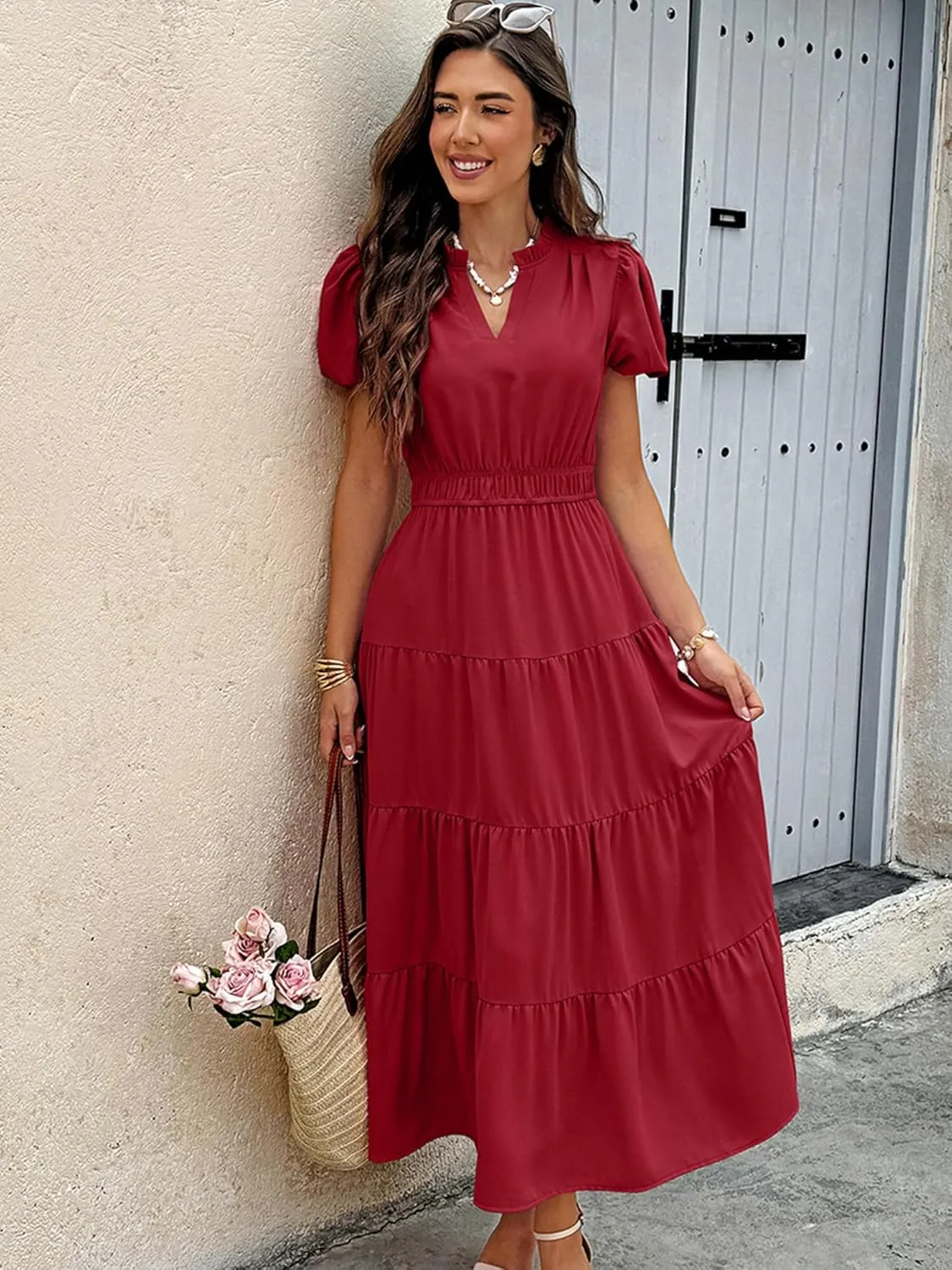 ECOWISH Womens Midi Dress Short Sleeve V Neck Button Front Casual Flowy A-Line Shirt Dresses with Pockets for Summer Spring