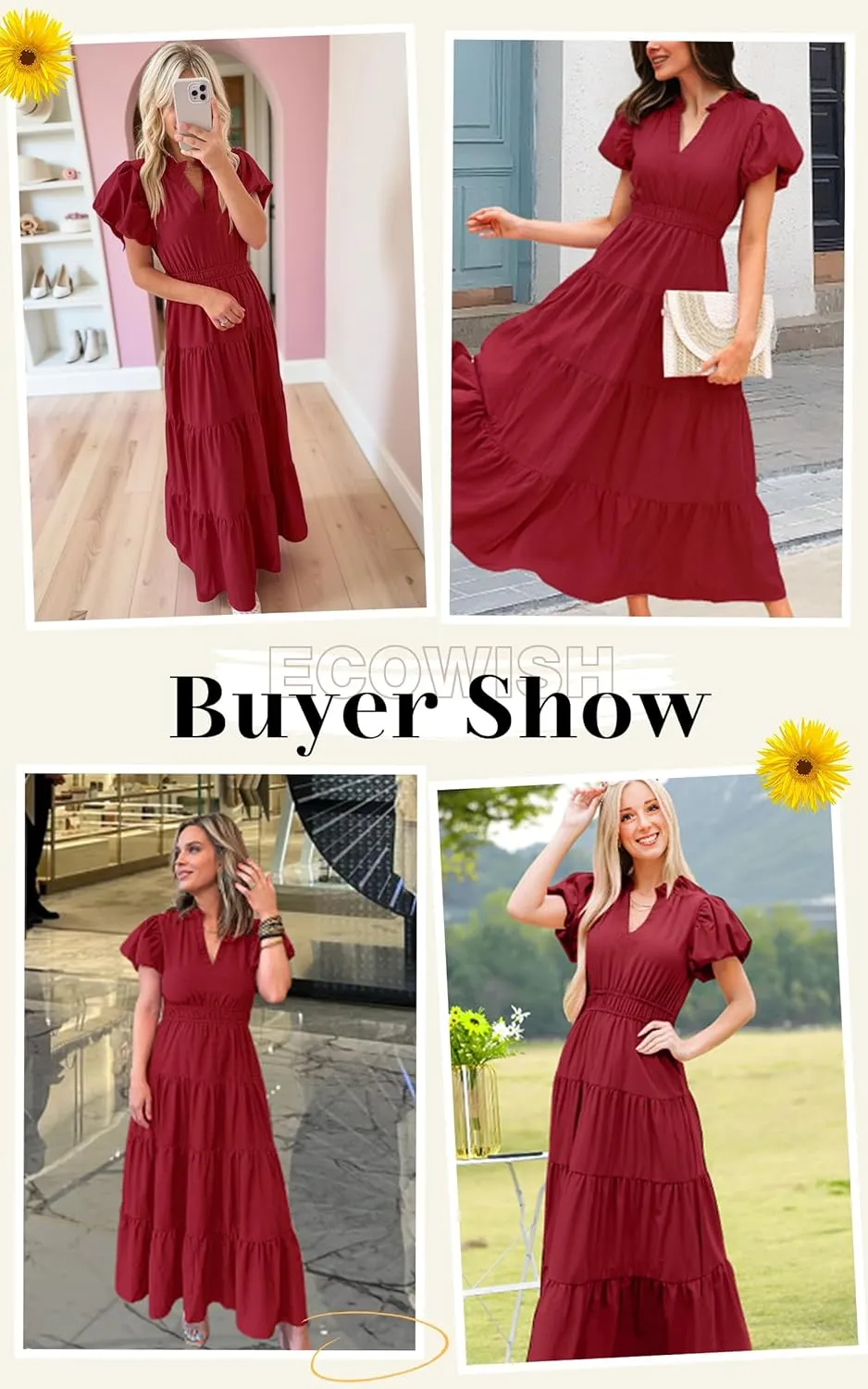 ECOWISH Womens Midi Dress Short Sleeve V Neck Button Front Casual Flowy A-Line Shirt Dresses with Pockets for Summer Spring