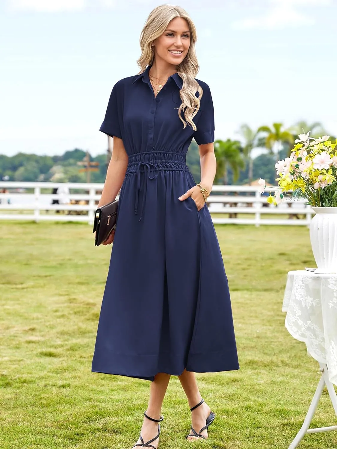 ECOWISH Womens Midi Dress Short Sleeve V Neck Button Front Casual Flowy A-Line Shirt Dresses with Pockets for Summer Spring