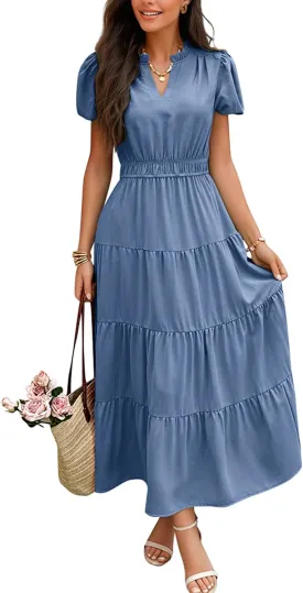ECOWISH Womens Midi Dress Short Sleeve V Neck Button Front Casual Flowy A-Line Shirt Dresses with Pockets for Summer Spring