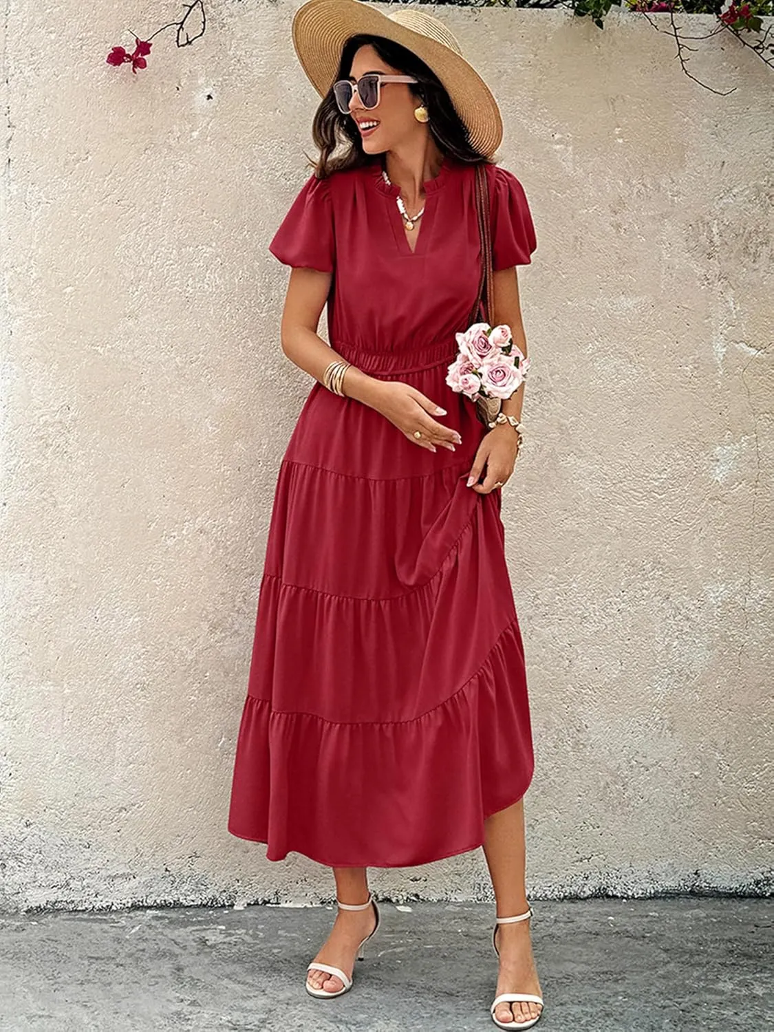 ECOWISH Womens Midi Dress Short Sleeve V Neck Button Front Casual Flowy A-Line Shirt Dresses with Pockets for Summer Spring