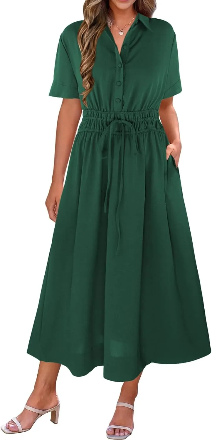ECOWISH Womens Midi Dress Short Sleeve V Neck Button Front Casual Flowy A-Line Shirt Dresses with Pockets for Summer Spring