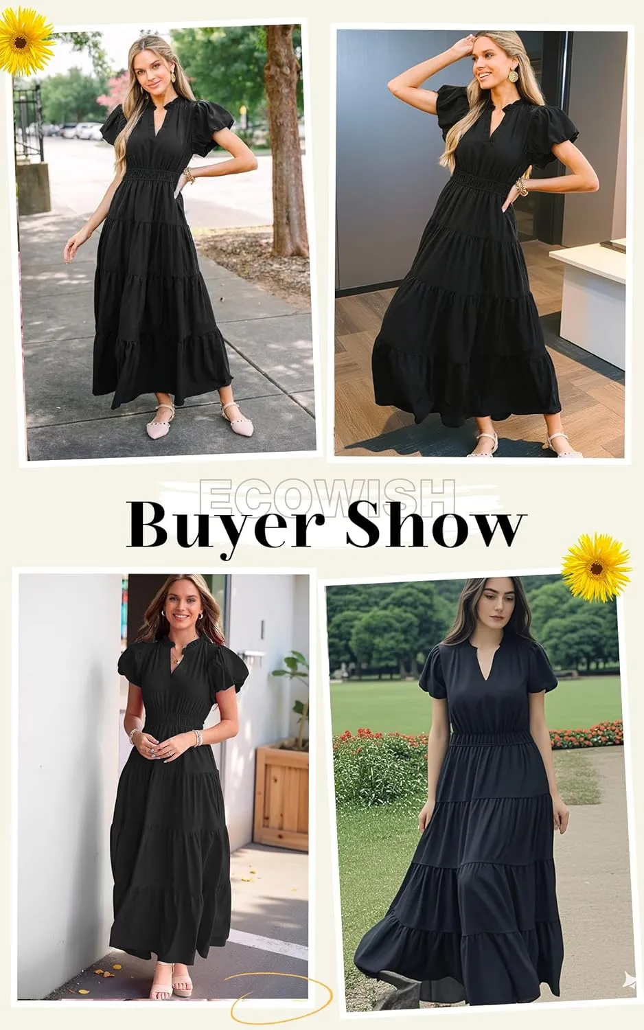 ECOWISH Womens Midi Dress Short Sleeve V Neck Button Front Casual Flowy A-Line Shirt Dresses with Pockets for Summer Spring