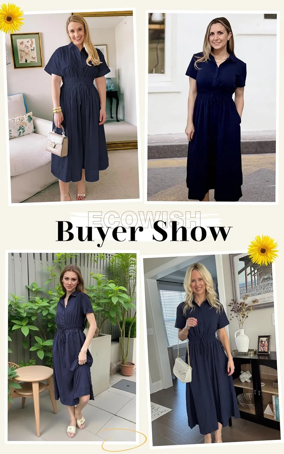 ECOWISH Womens Midi Dress Short Sleeve V Neck Button Front Casual Flowy A-Line Shirt Dresses with Pockets for Summer Spring