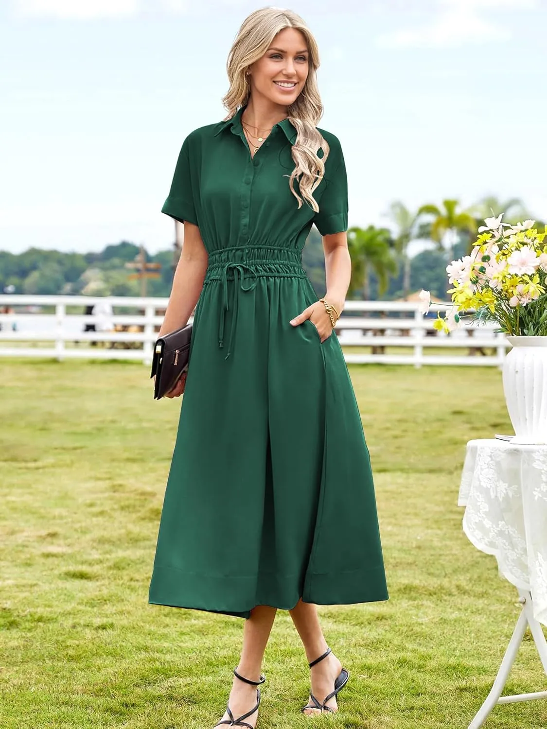 ECOWISH Womens Midi Dress Short Sleeve V Neck Button Front Casual Flowy A-Line Shirt Dresses with Pockets for Summer Spring