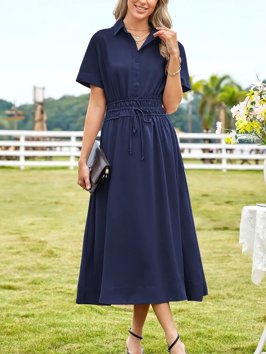 ECOWISH Womens Midi Dress Short Sleeve V Neck Button Front Casual Flowy A-Line Shirt Dresses with Pockets for Summer Spring