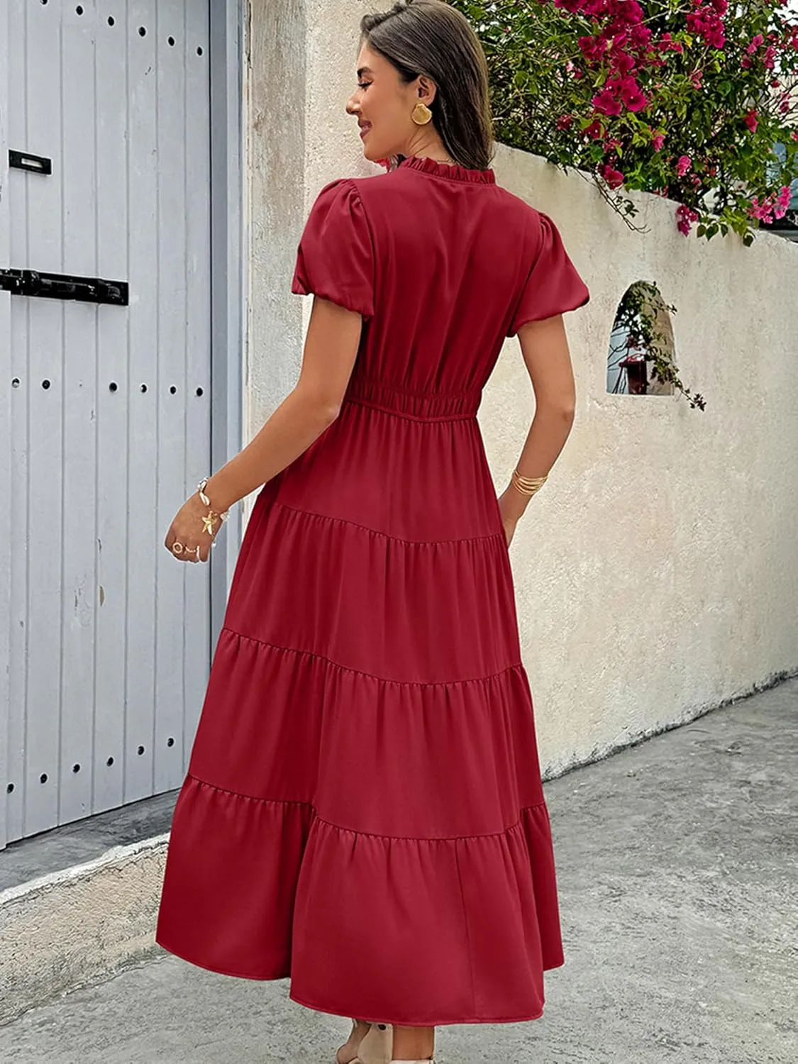 ECOWISH Womens Midi Dress Short Sleeve V Neck Button Front Casual Flowy A-Line Shirt Dresses with Pockets for Summer Spring