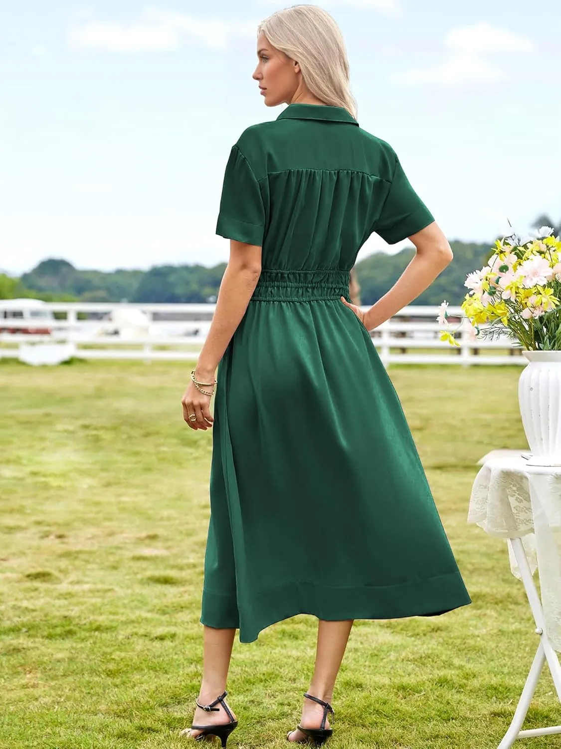 ECOWISH Womens Midi Dress Short Sleeve V Neck Button Front Casual Flowy A-Line Shirt Dresses with Pockets for Summer Spring