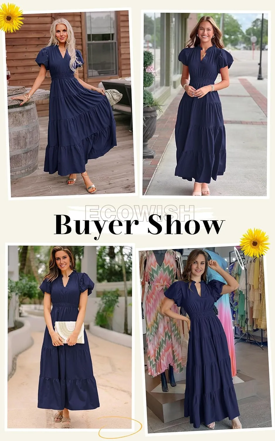 ECOWISH Womens Midi Dress Short Sleeve V Neck Button Front Casual Flowy A-Line Shirt Dresses with Pockets for Summer Spring