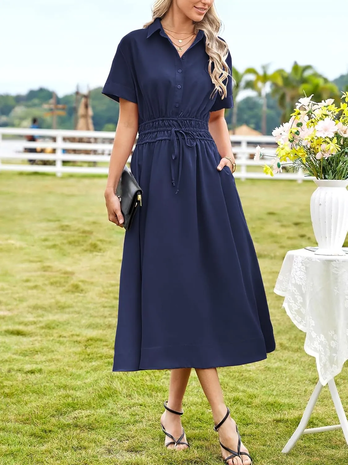 ECOWISH Womens Midi Dress Short Sleeve V Neck Button Front Casual Flowy A-Line Shirt Dresses with Pockets for Summer Spring