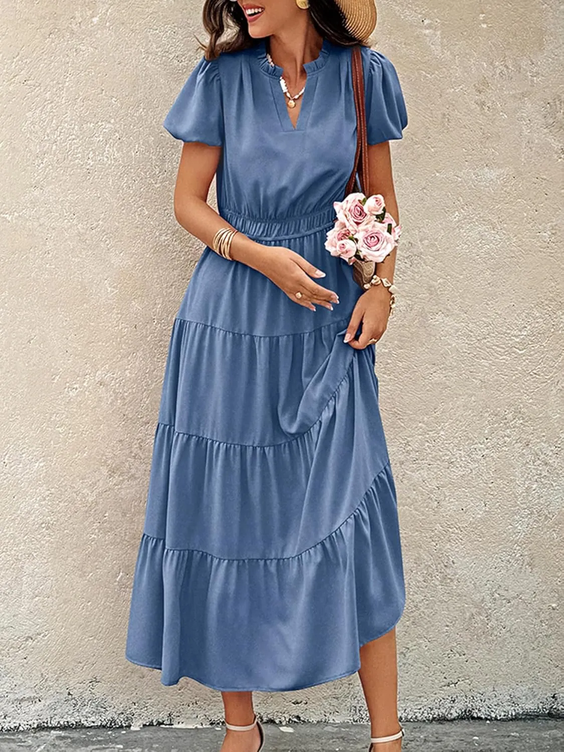 ECOWISH Womens Midi Dress Short Sleeve V Neck Button Front Casual Flowy A-Line Shirt Dresses with Pockets for Summer Spring