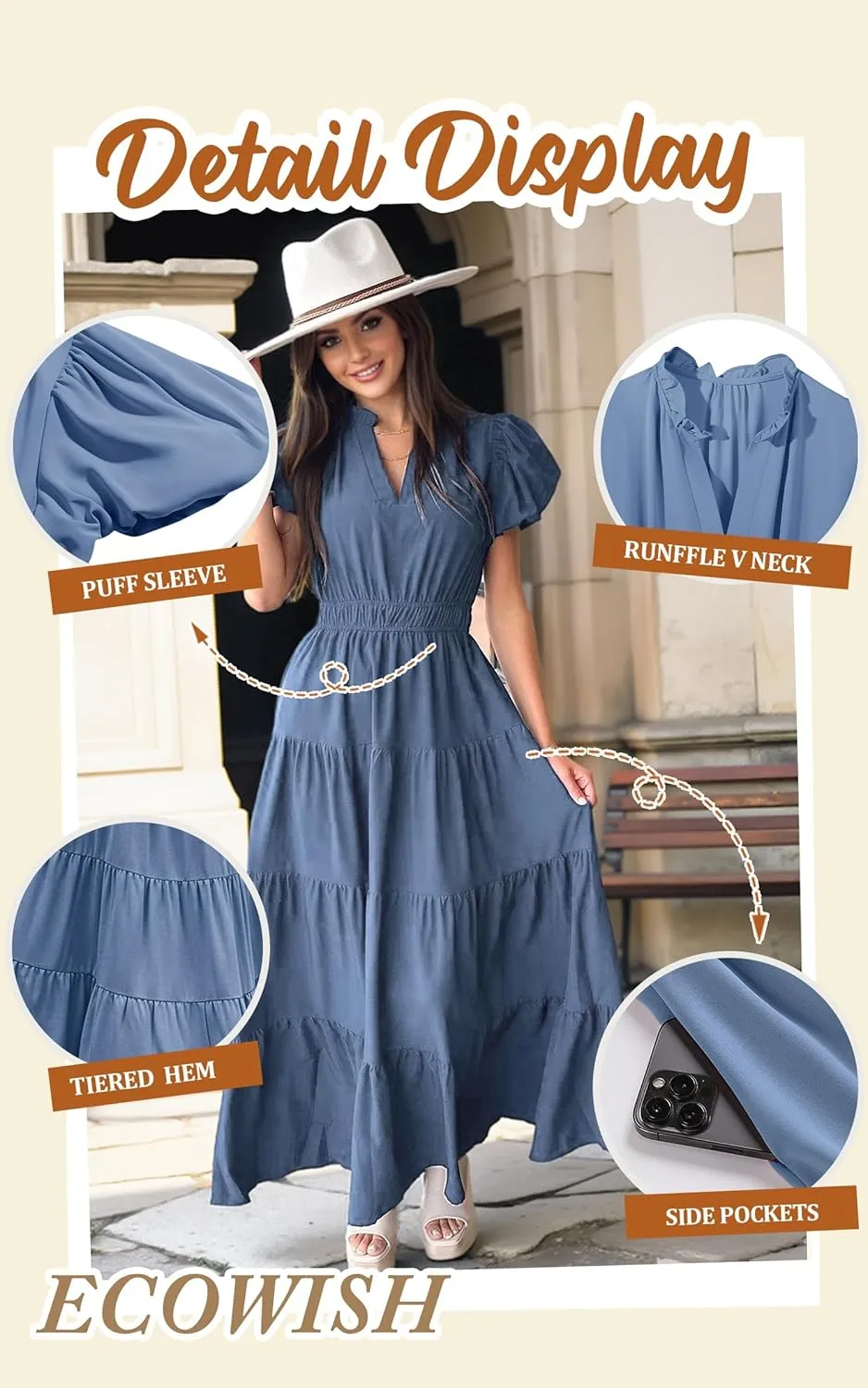 ECOWISH Womens Midi Dress Short Sleeve V Neck Button Front Casual Flowy A-Line Shirt Dresses with Pockets for Summer Spring
