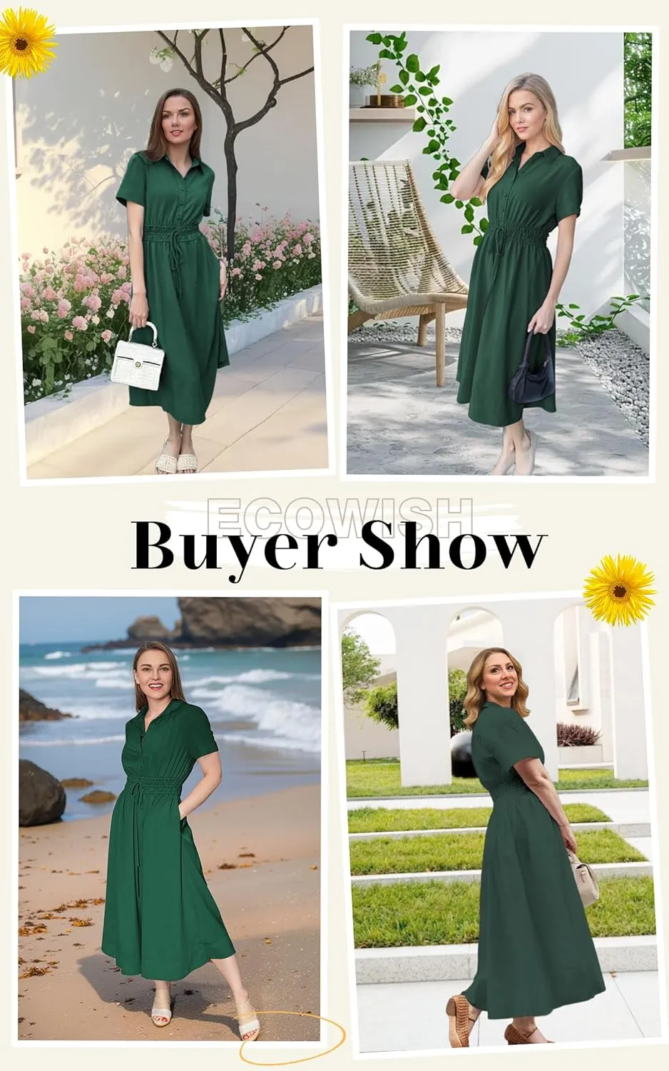 ECOWISH Womens Midi Dress Short Sleeve V Neck Button Front Casual Flowy A-Line Shirt Dresses with Pockets for Summer Spring
