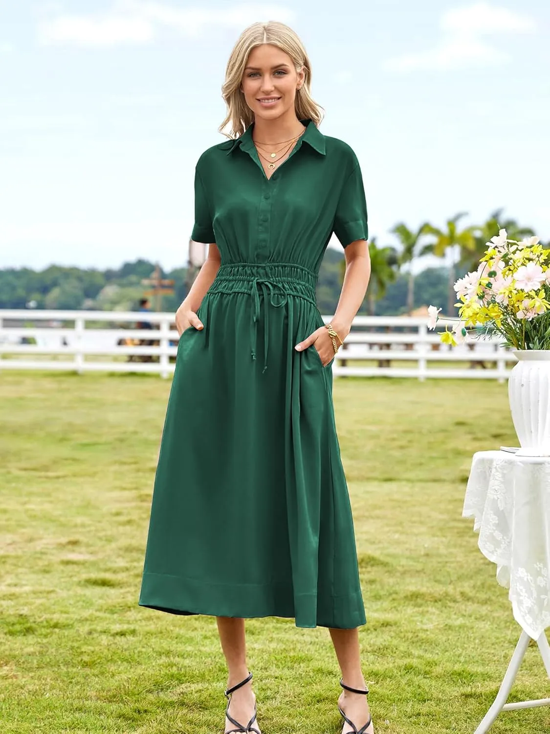ECOWISH Womens Midi Dress Short Sleeve V Neck Button Front Casual Flowy A-Line Shirt Dresses with Pockets for Summer Spring