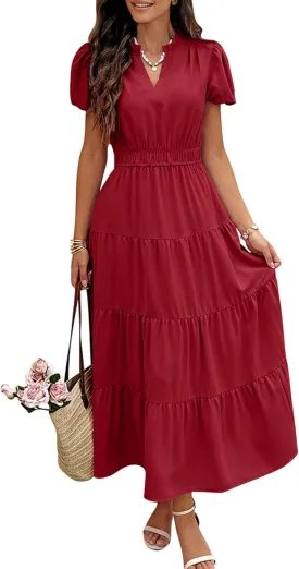 ECOWISH Womens Midi Dress Short Sleeve V Neck Button Front Casual Flowy A-Line Shirt Dresses with Pockets for Summer Spring