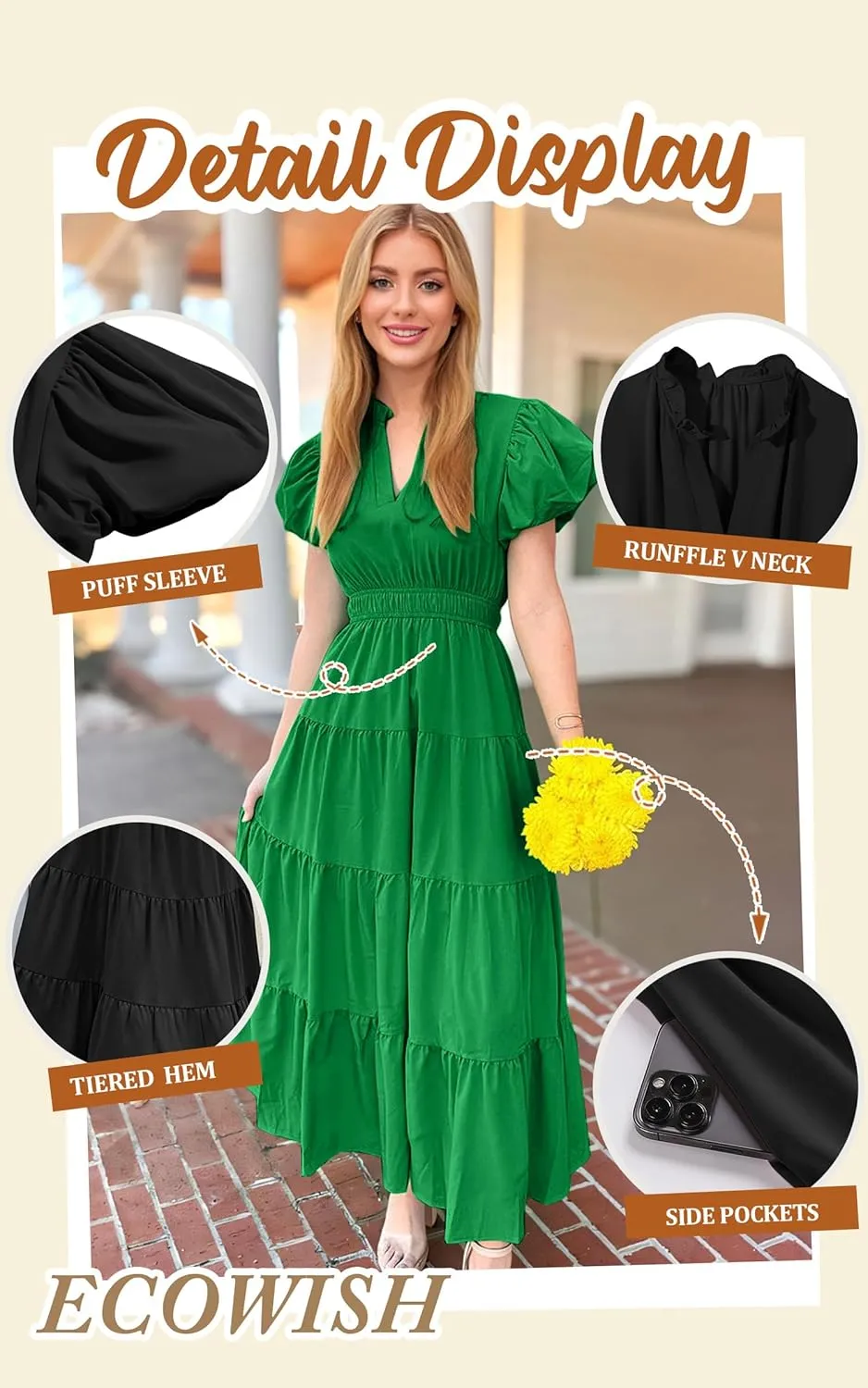ECOWISH Womens Midi Dress Short Sleeve V Neck Button Front Casual Flowy A-Line Shirt Dresses with Pockets for Summer Spring