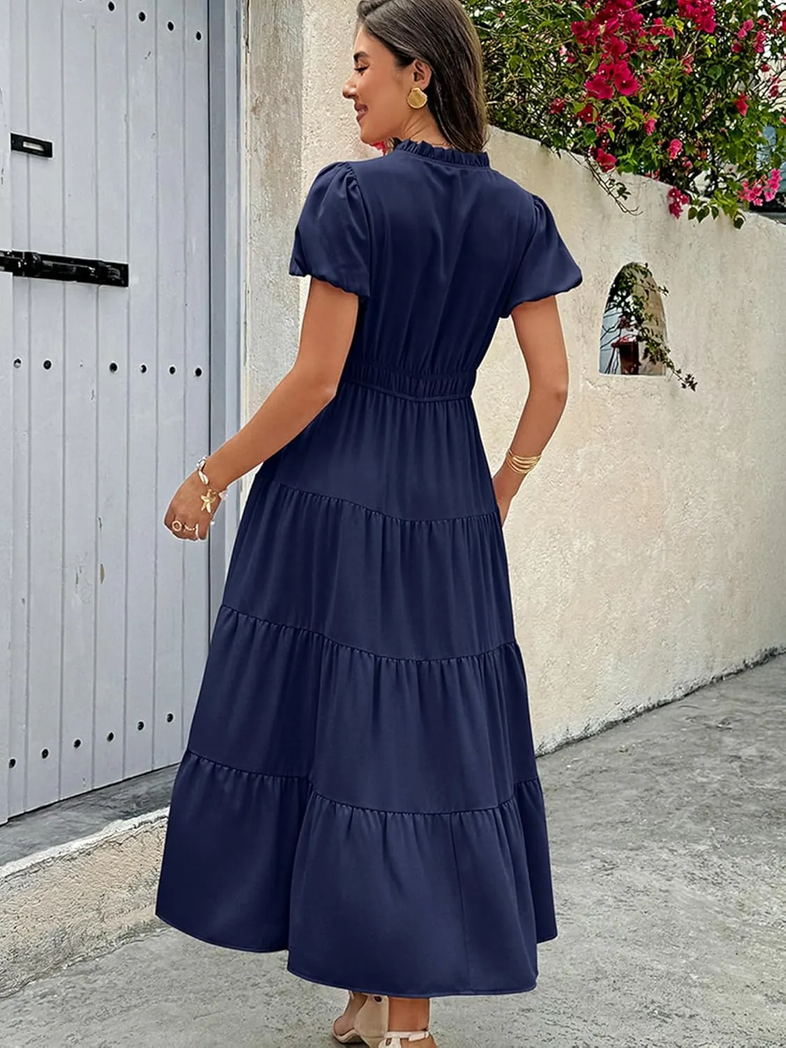ECOWISH Womens Midi Dress Short Sleeve V Neck Button Front Casual Flowy A-Line Shirt Dresses with Pockets for Summer Spring