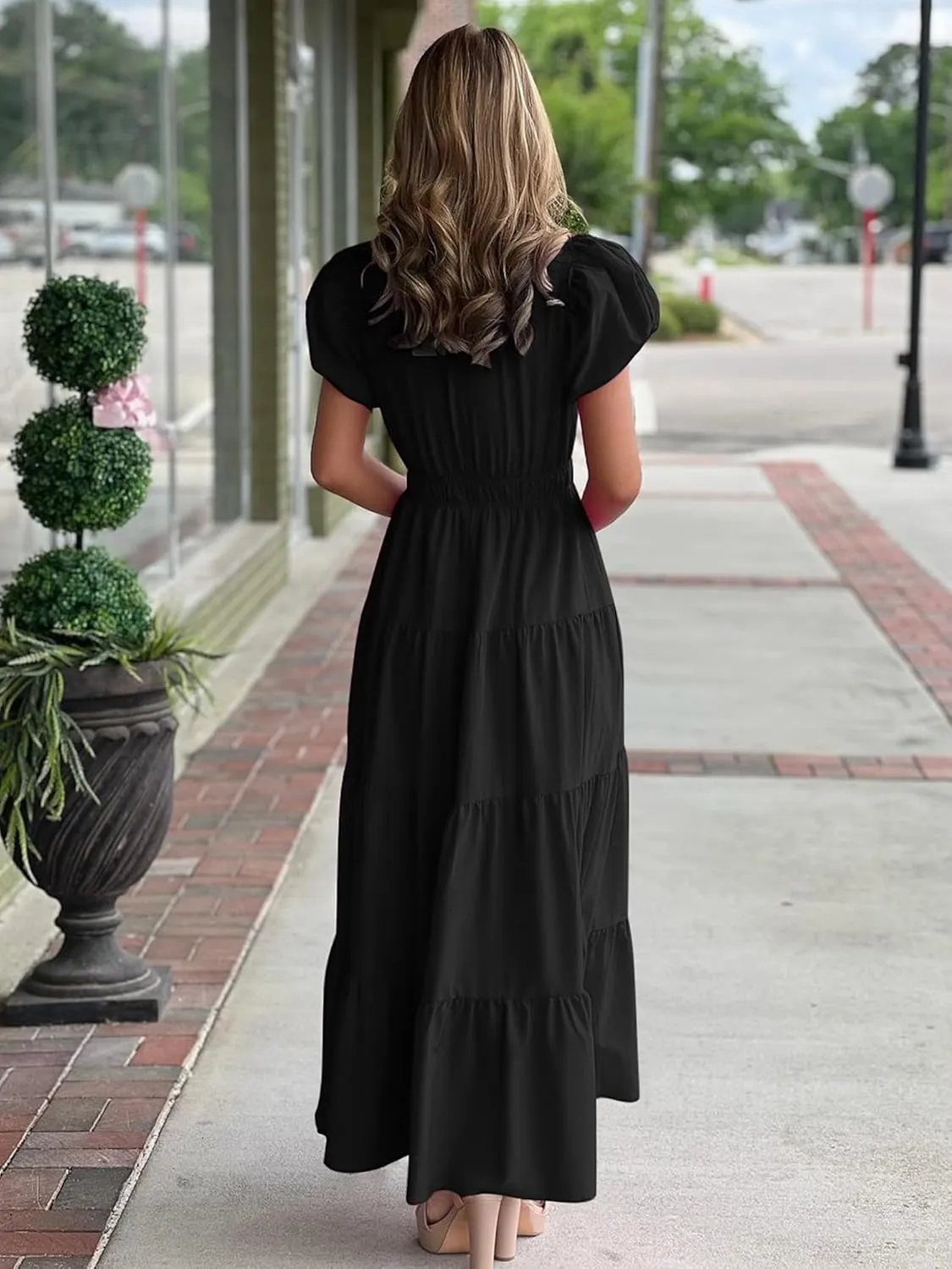 ECOWISH Womens Midi Dress Short Sleeve V Neck Button Front Casual Flowy A-Line Shirt Dresses with Pockets for Summer Spring
