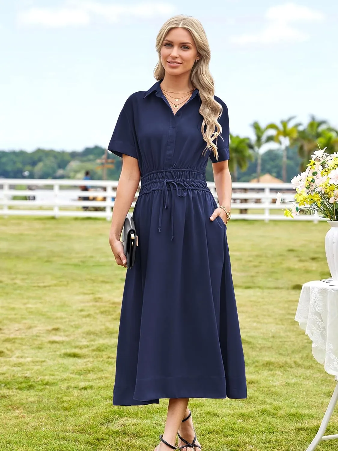 ECOWISH Womens Midi Dress Short Sleeve V Neck Button Front Casual Flowy A-Line Shirt Dresses with Pockets for Summer Spring
