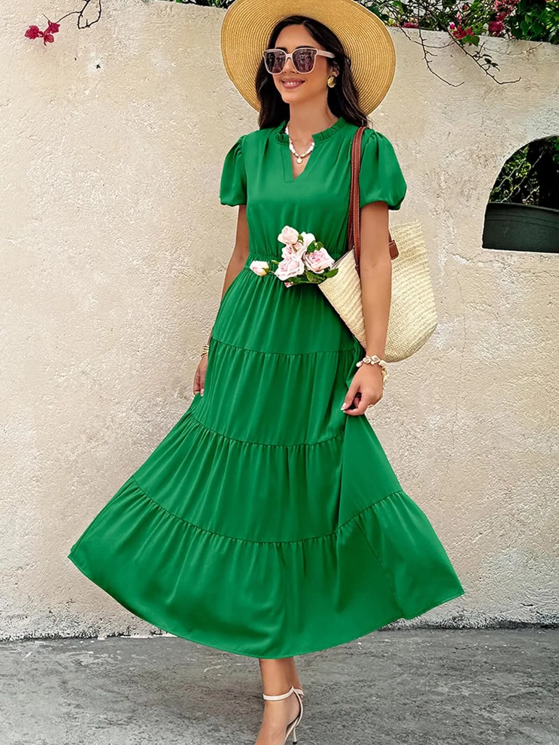 ECOWISH Womens Midi Dress Short Sleeve V Neck Button Front Casual Flowy A-Line Shirt Dresses with Pockets for Summer Spring