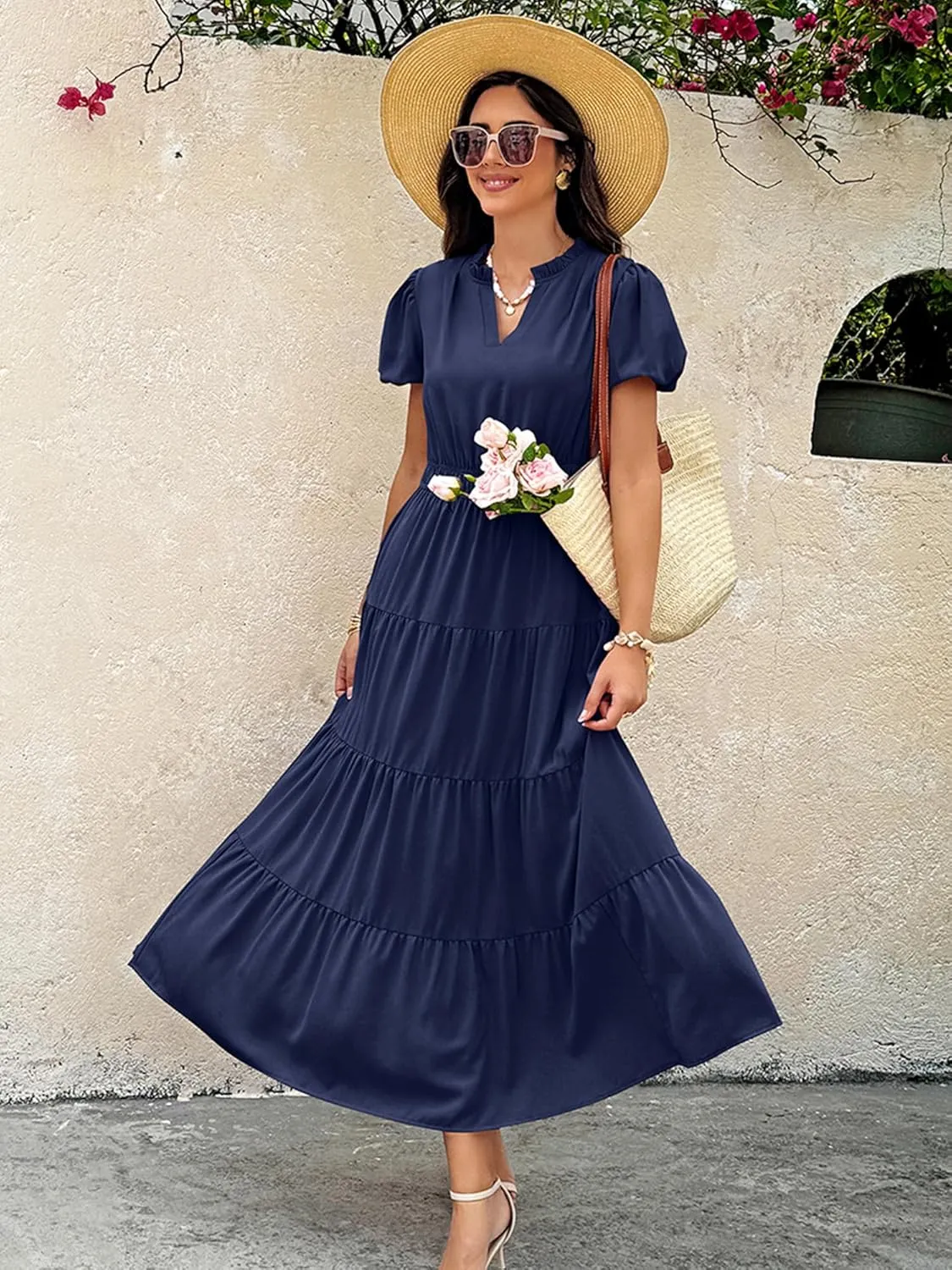 ECOWISH Womens Midi Dress Short Sleeve V Neck Button Front Casual Flowy A-Line Shirt Dresses with Pockets for Summer Spring