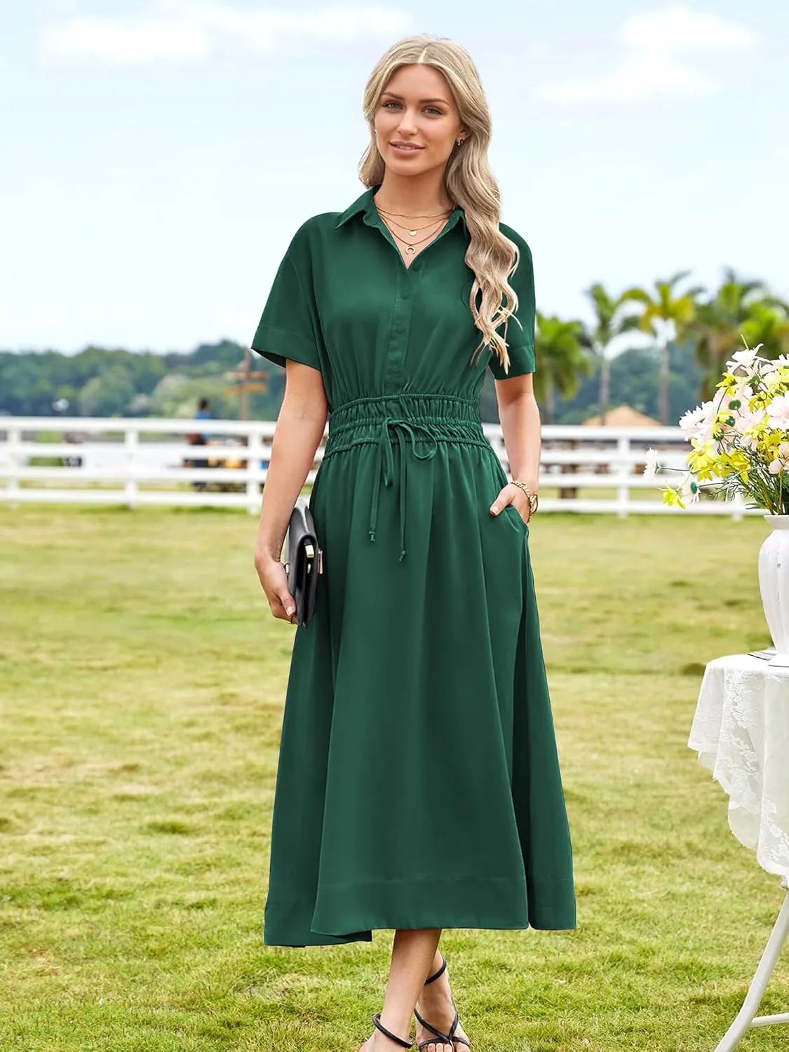 ECOWISH Womens Midi Dress Short Sleeve V Neck Button Front Casual Flowy A-Line Shirt Dresses with Pockets for Summer Spring