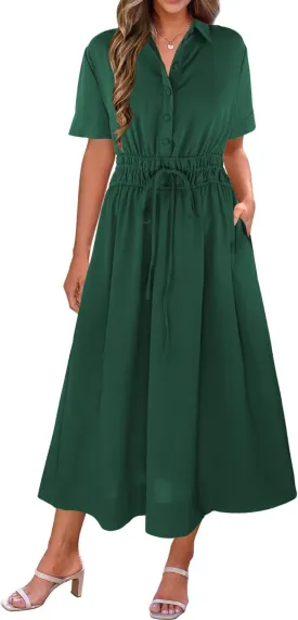 ECOWISH Womens Midi Dress Short Sleeve V Neck Button Front Casual Flowy A-Line Shirt Dresses with Pockets for Summer Spring
