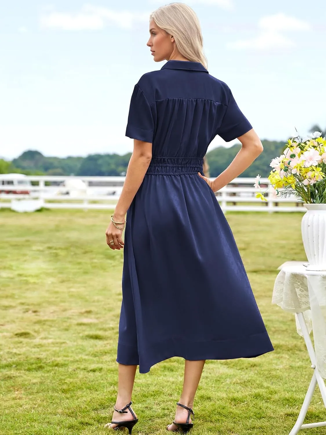 ECOWISH Womens Midi Dress Short Sleeve V Neck Button Front Casual Flowy A-Line Shirt Dresses with Pockets for Summer Spring