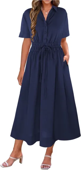 ECOWISH Womens Midi Dress Short Sleeve V Neck Button Front Casual Flowy A-Line Shirt Dresses with Pockets for Summer Spring