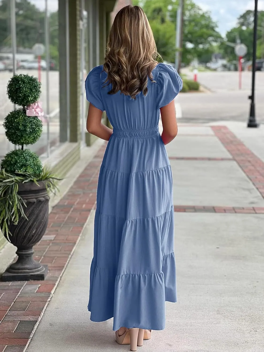 ECOWISH Womens Midi Dress Short Sleeve V Neck Button Front Casual Flowy A-Line Shirt Dresses with Pockets for Summer Spring